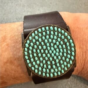 Turquoise Studded Brown Leather Wristband